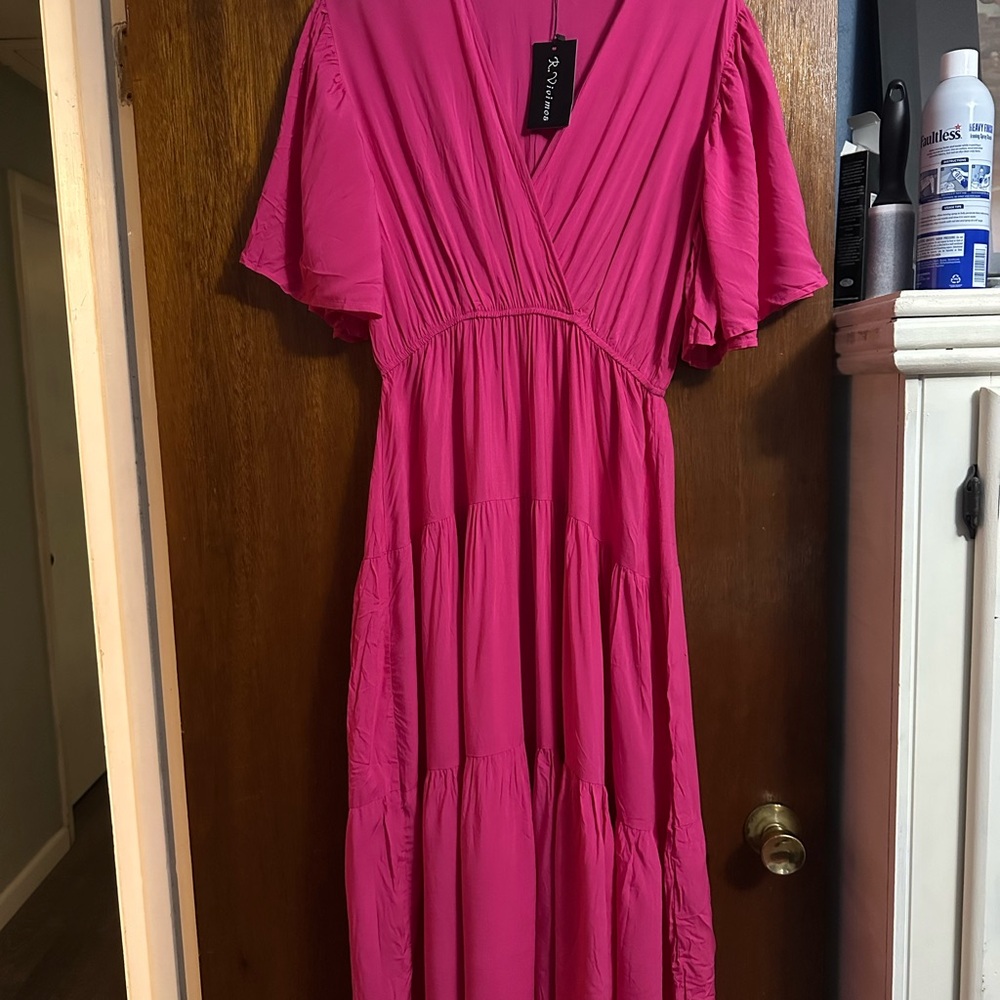 A New Day Pink Pleated Tiered Maxi Dress with Flutter Sleeves
